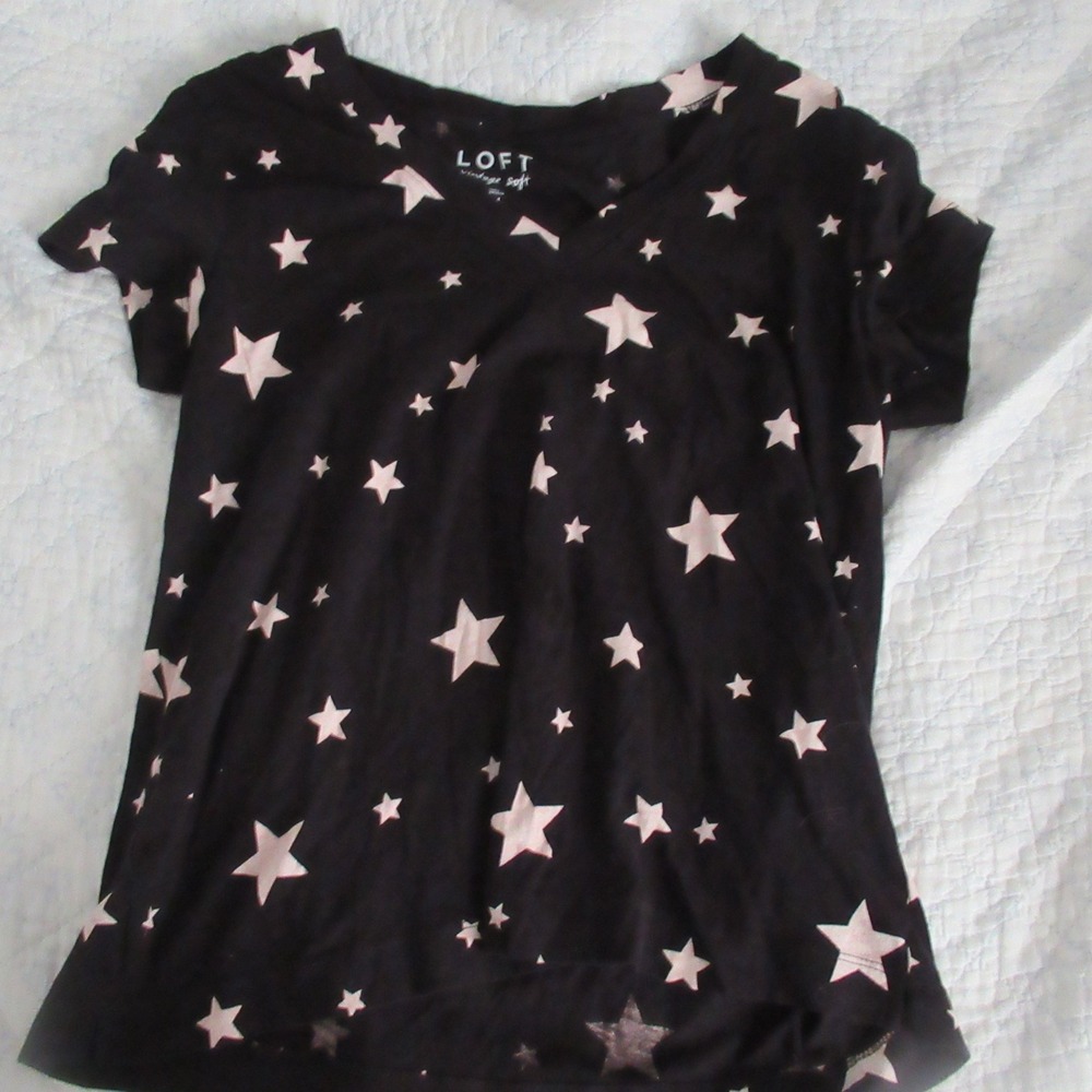 LOFT Star Print V-Neck T-Shirt Womens Size M Black Cotton Tee vintage soft
